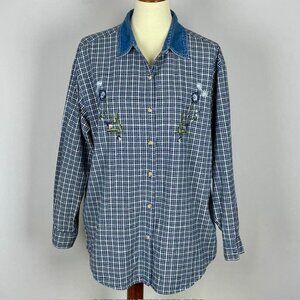 Vtg Basic Editions Top Sz L Blue Plaid Floral Embroidered Country Cabincore